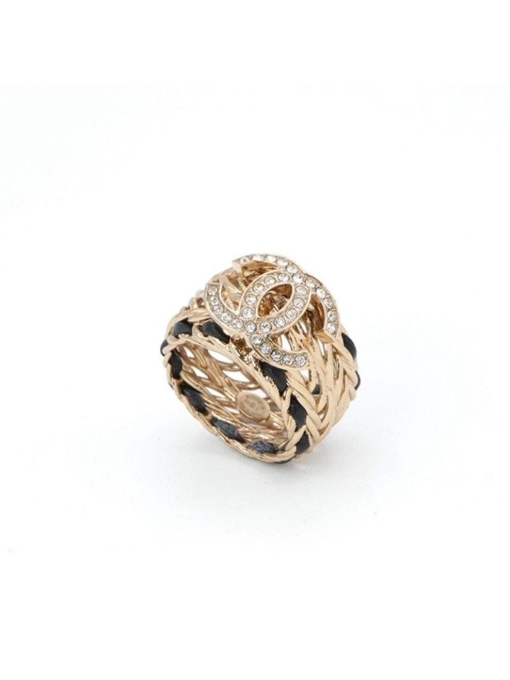 Chanel Ring Gold CC Logo Rhinestone Leather